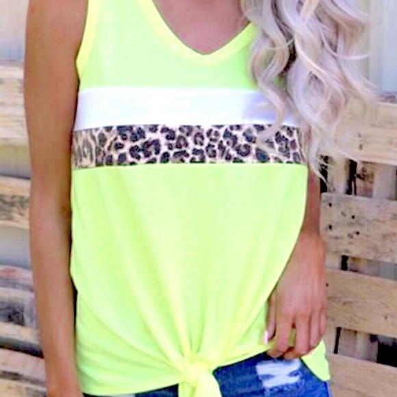 Neon Yellow Striped Leopard/White Tie Front Top - Picture 6 of 6